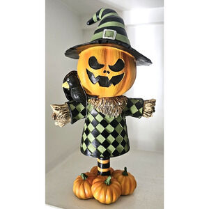 Spooky Scarecrow Jack O Lantern w/Crow and Pumpkins 12" Tall